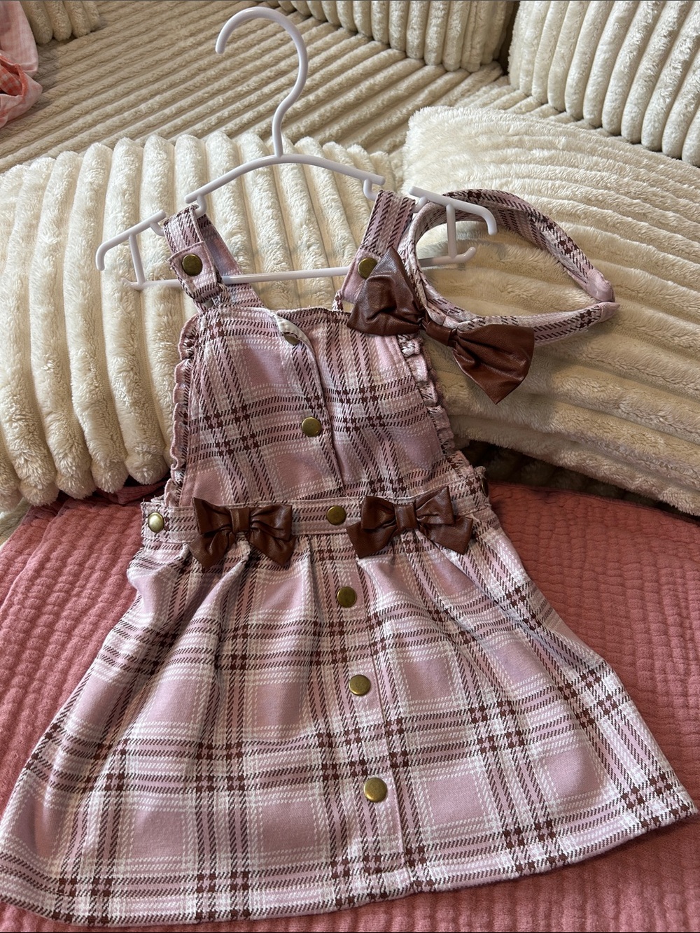 Girls Pink Plaid Pinafore Dress with Brown Bow Accents